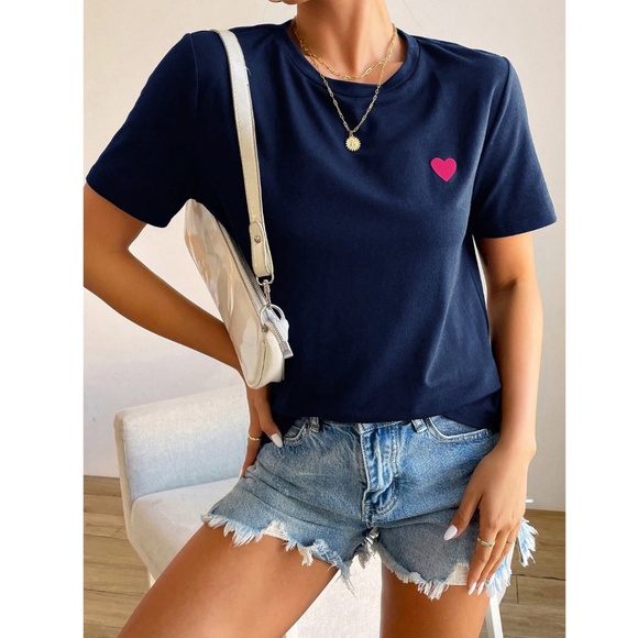 Navy Blue Crew Neck Tee Shirt Embroidered Pink Heart - Picture 2 of 6